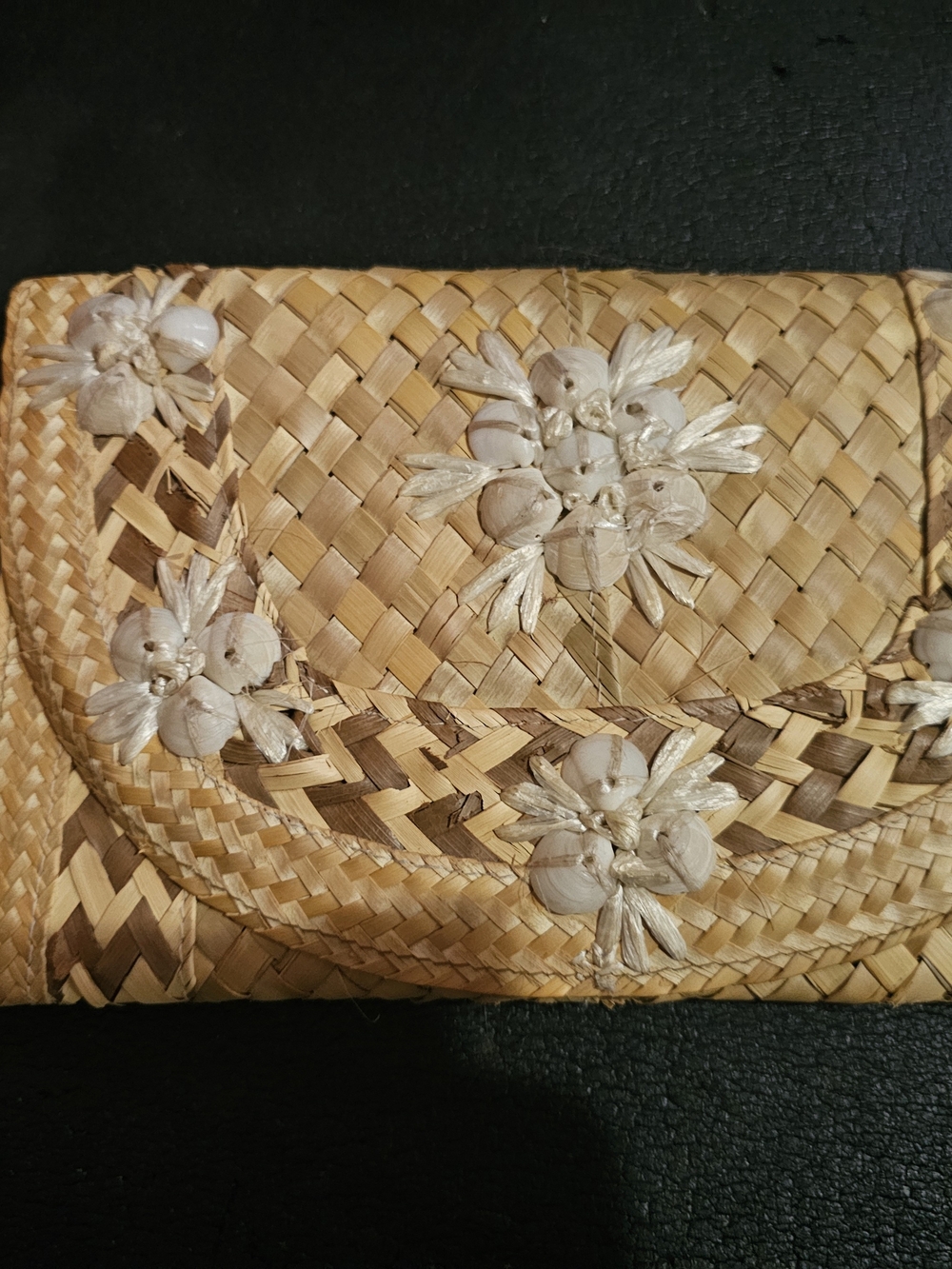 Woven Straw Clutch with Shell Flower Accents - Natural